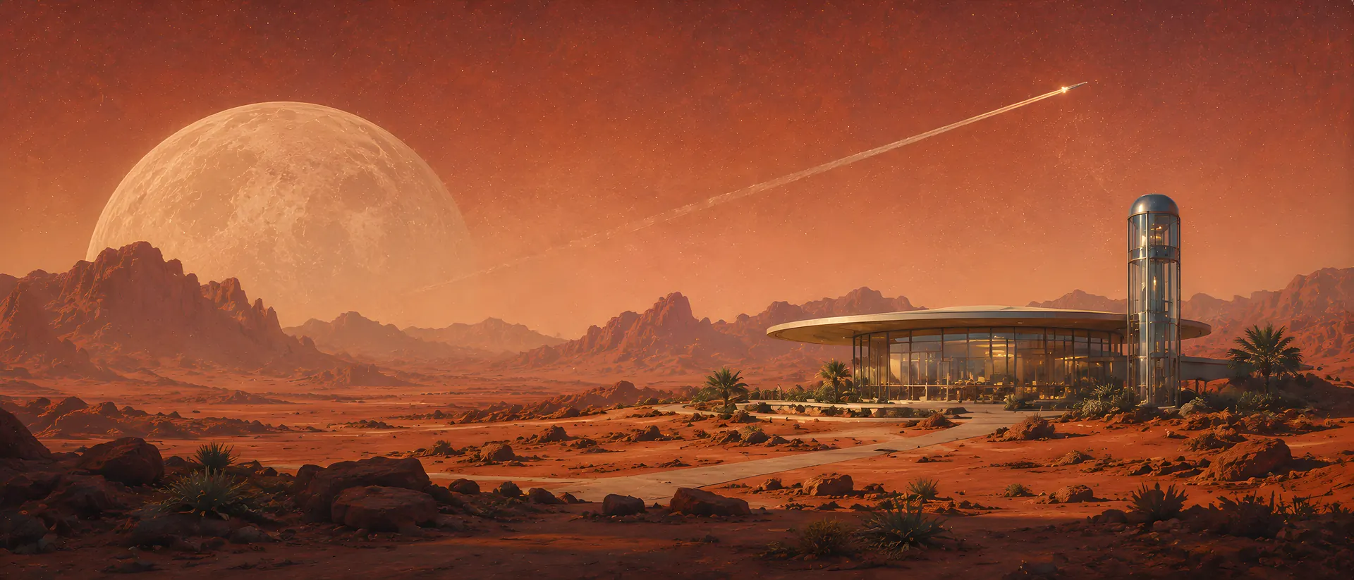 The pavilion and its elevator shaft seen from far out on the plain at night, alone under an enormous rising moon, with a rocket's vapour trail crossing the rust-coloured sky.