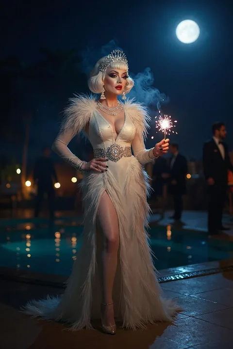 An Afterglow look: a white feathered gown beside a lit pool under a full moon, holding a sparkler.