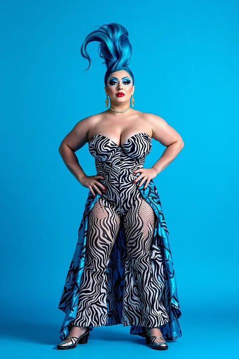 A Canonical Queens look: a tall blue updo and a monochrome zebra gown against a flat cyan ground.