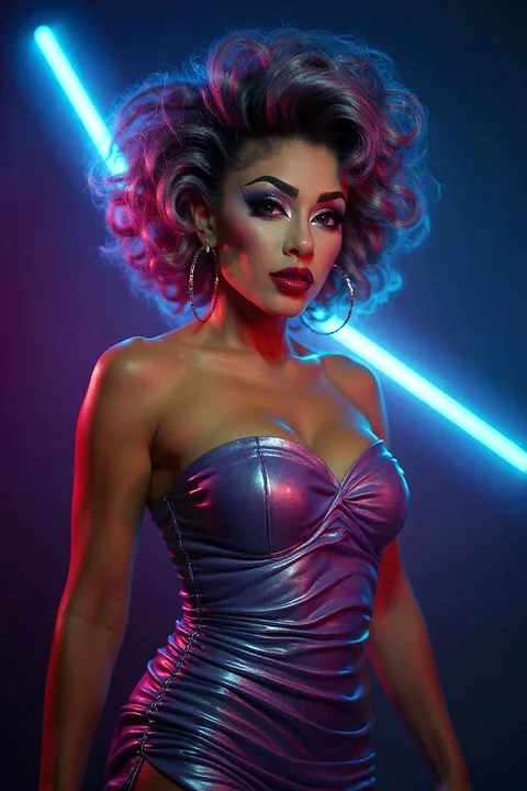A Euphoria // UV look: candyfloss curls and a liquid silver dress cut through by a blue neon beam.