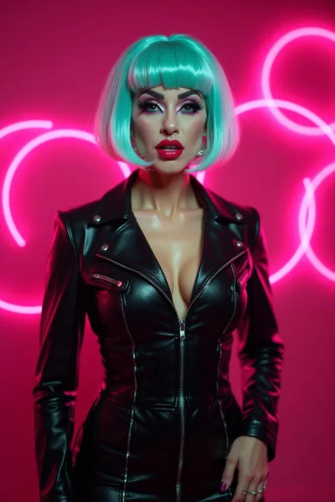 A Euphoria // UV look: a teal bob and a zipped leather dress in front of hot pink neon rings.
