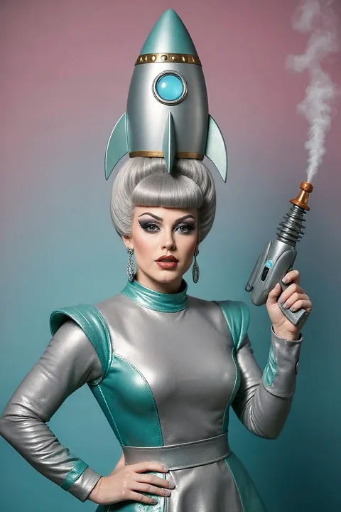 A Ground Control look: a silver and mint flight suit with a rocket headdress and a smoking ray gun.