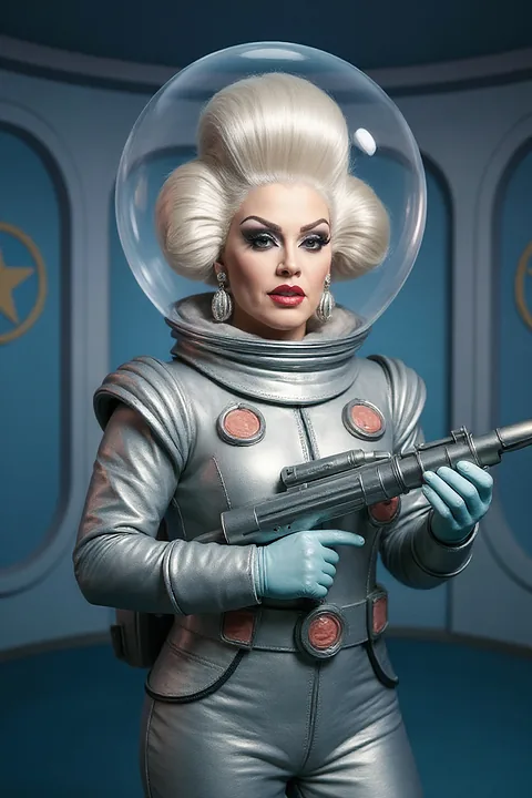A Ground Control look: a silver flight suit and a bubble helmet over a platinum bouffant, ray gun in hand.