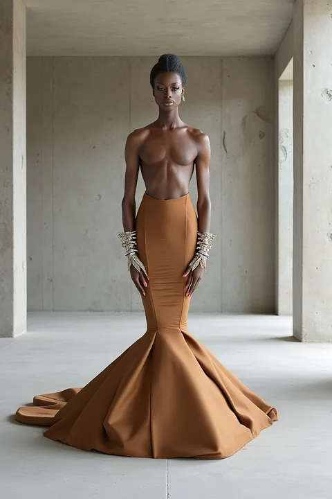 A Haute Haus look: a copper satin mermaid gown with opera gloves, photographed in a raw concrete colonnade.