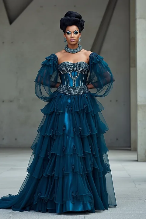 A Haute Haus look: a tiered teal tulle ball gown with sheer sleeves, shot in a concrete courtyard.