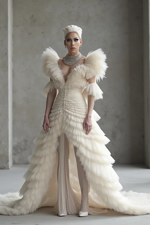 A Haute Haus look: a cream feathered gown with a ruffled train against pale concrete.