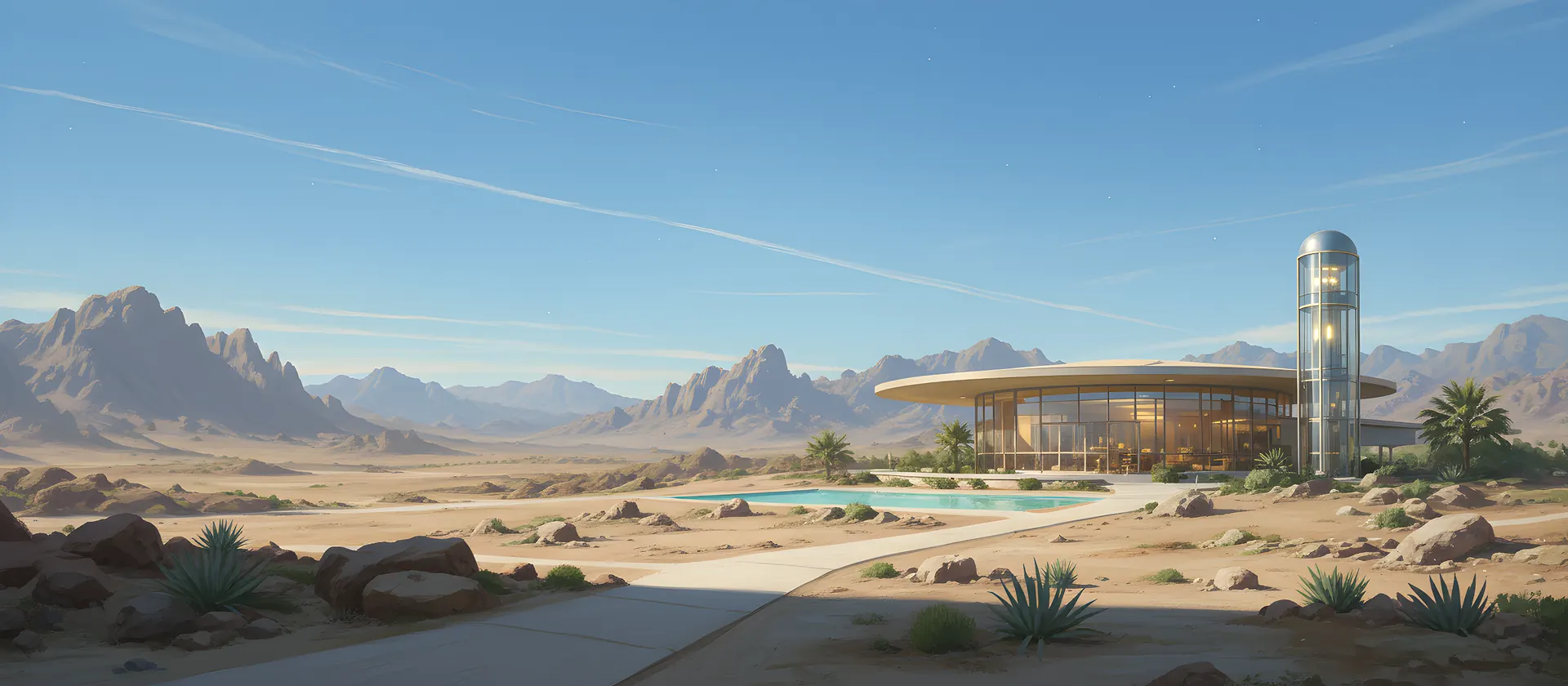 A low glass pavilion and its elevator shaft in flat morning light, pale blue sky above a wide sand plain and distant grey mountains.