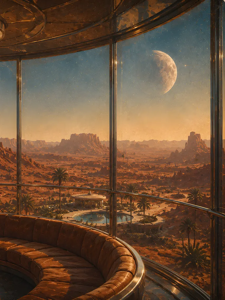 The studio's observation lounge: a wall of curved brass-framed glass looking out over red desert mesas and a lit pool, a crescent moon high in the evening sky, a curved leather banquette in the foreground.